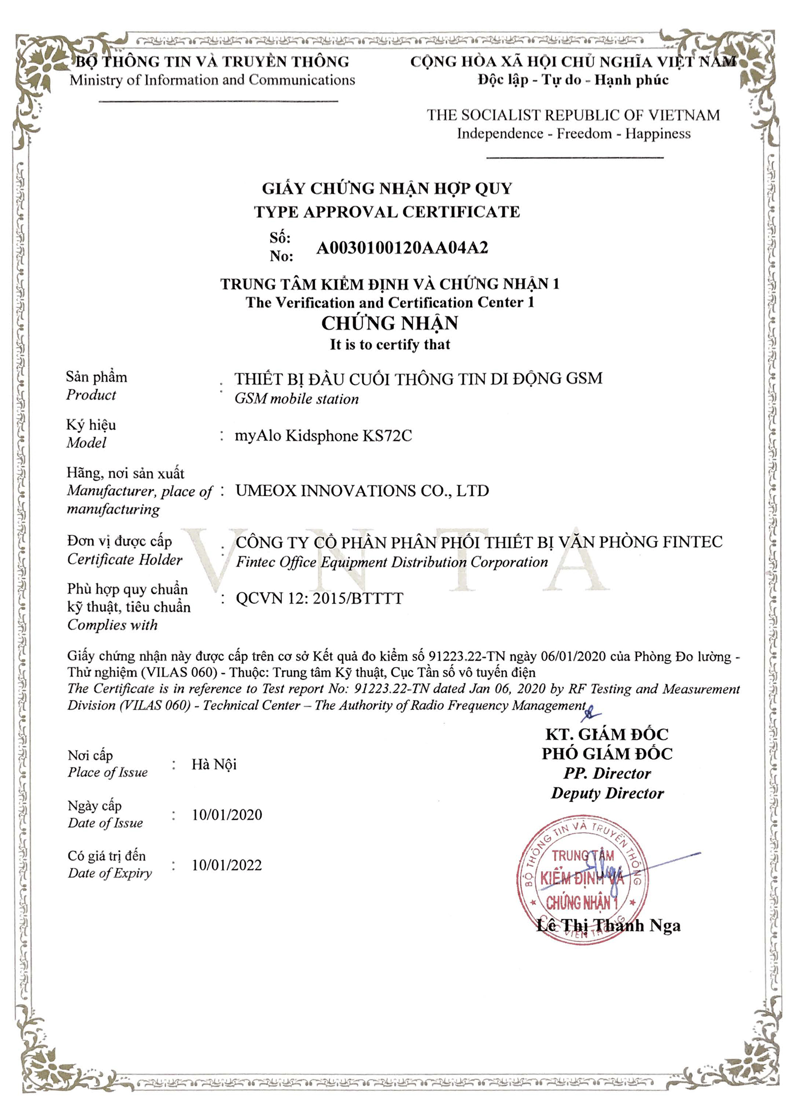 Đồng hồ định vị trẻ em myAlo KS72C - Chứng nhận hợp quy Quy chuẩn Việt Nam QCVN12:2015/BTTT