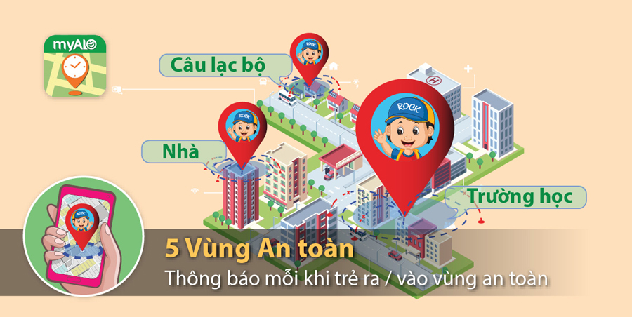 Đồng hồ định vị trẻ em myAlo (đồng hồ thông minh trẻ em) đi tiên phong trong việc cho phép bố mẹ có thể thiết lập nhiều vùng an toàn với các địa điểm mà trẻ thường xuyên đến như Nhà, Trường học, CLB ...