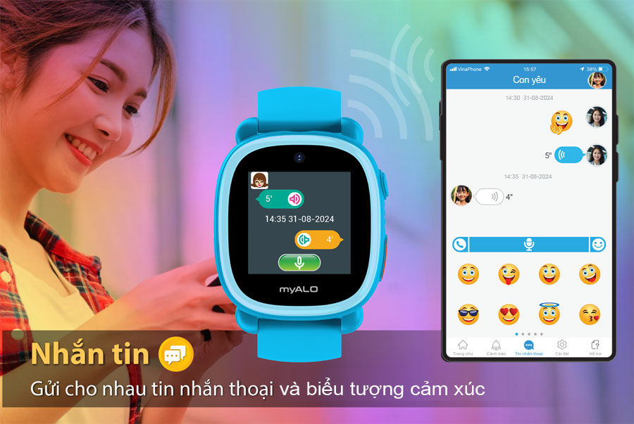 Đồng hồ thông minh trẻ em, đồng hồ định vị trẻ em myALO K64 có chức năng chat bằng tin nhắn thoại, ảnh, text và emoji.