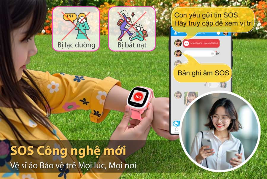 Đồng hồ thông minh trẻ em, đồng hồ định vị trẻ em myALO K64 tích hợp nút liên lạc khẩn cấp SOS để bảo vệ trẻ.