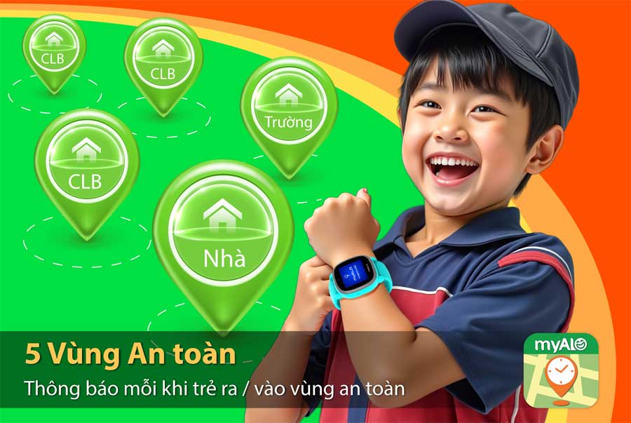 Đồng hồ thông minh trẻ em, đồng hồ định vị trẻ em myALO K64 cho phép thiết lập 5 vùng an toàn cho trẻ.