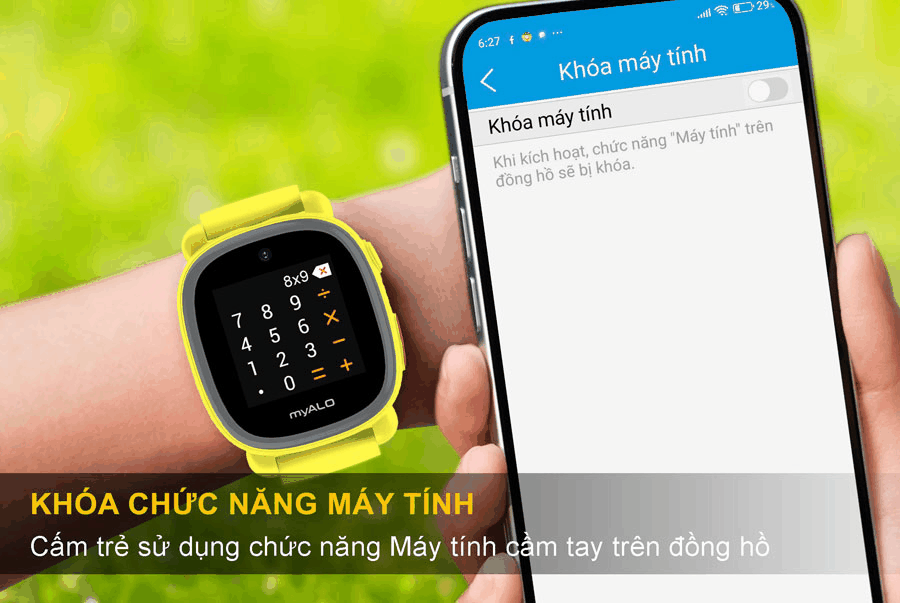 Ứng dụng myAlo myKids cho phép bố mẹ dễ dàng khóa chức năng máy tính calculator trên đồng hồ K64