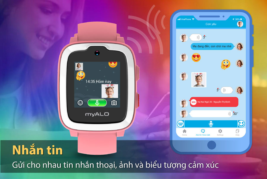 Đồng hồ thông minh trẻ em, đồng hồ định vị trẻ em myALO K74 có chức năng chat bằng tin nhắn thoại, ảnh, text và emoji.