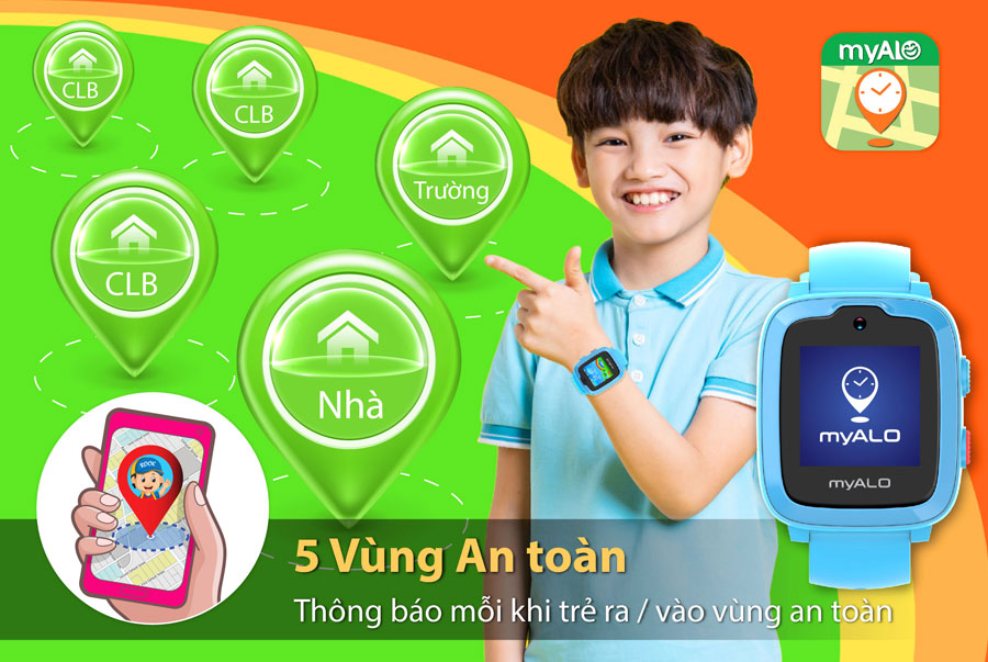 Đồng hồ thông minh trẻ em, đồng hồ định vị trẻ em myALO K74 cho phép thiết lập 5 vùng an toàn cho trẻ.