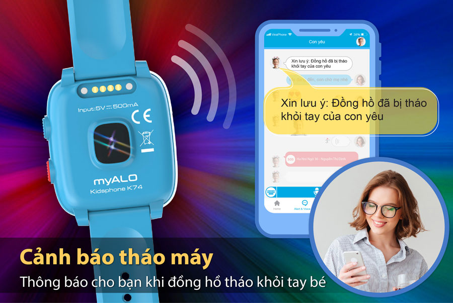 Đồng hồ thông minh trẻ em, đồng hồ định vị trẻ em myALO K74 tích hợp cảm biến phát hiện đồng hồ tháo khỏi tay trẻ.