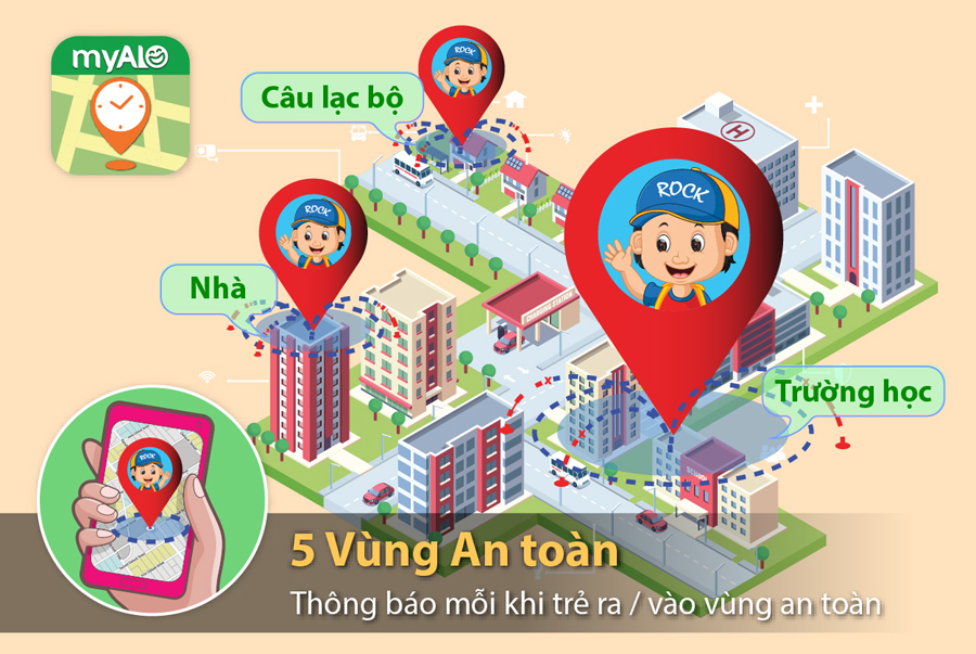 đồng hồ định vị trẻ em, đồng hồ thông minh trẻ em myALO K84 cho phép bạn thiết lập 5 vùng an toàn với các địa điểm mà trẻ thường xuyên đến theo lịch trình từng ngày trong tuần như Nhà, Trường học, các CLB ngoai khóa...