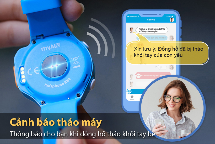 đồng hồ định vị trẻ em, đồng hồ thông minh trẻ em myALO K84 được tích hợp sensor cảm biến tháo máy, khi bạn kích hoạt chức năng này, nó sẽ gửi tin cảnh báo đến cho bạn khi phát hiện trẻ tháo đồng hồ ra khỏi tay.