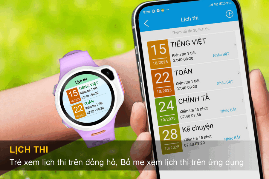 Trẻ xem lịch thi trên đồng hồ K84, bố mẹ xem lịch thi trên ứng dụng