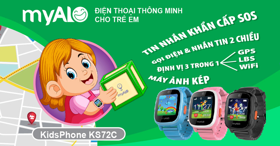 Đồng hồ định vị trẻ em myAlo KS72C (đồng hồ thông minh trẻ em) có 3 màu xanh, hồng và đen, phù hợp với trẻ 6-10 tuổi